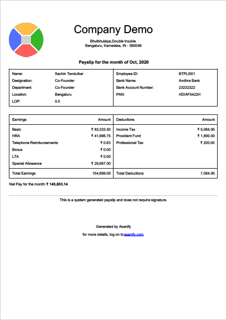 Asanify payslip format 2