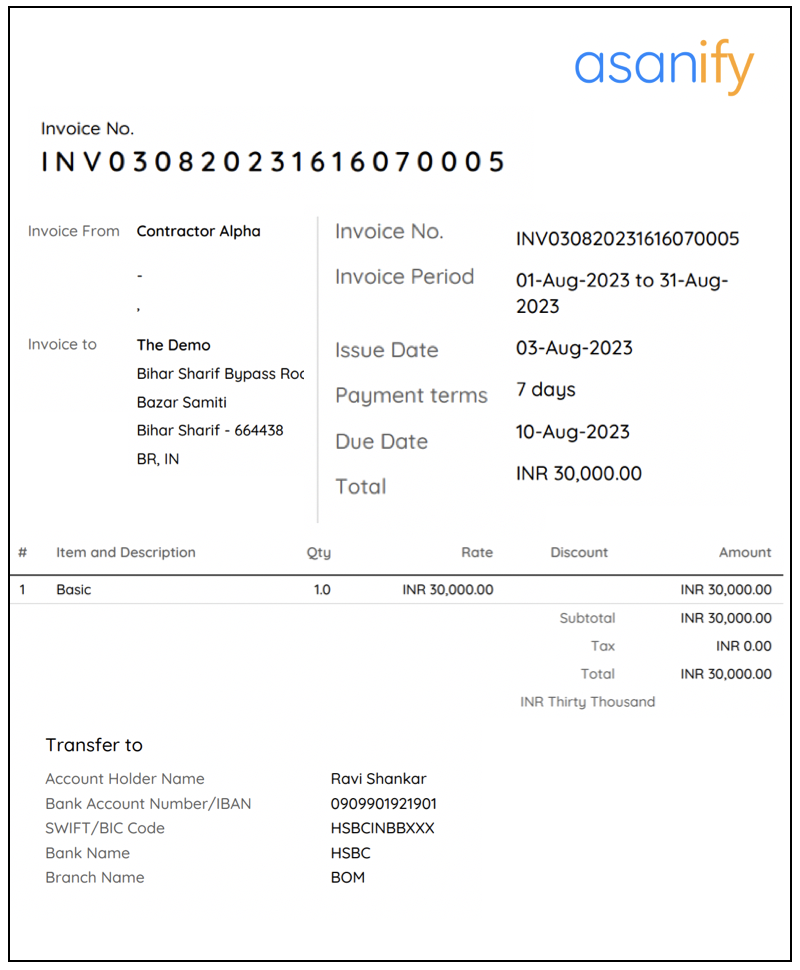 Invoice billing template by Asanify 